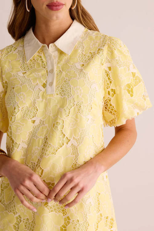 Customized High Quality Spread Collar Button Placket  Puff Sleeve Lace Embroidered Dress