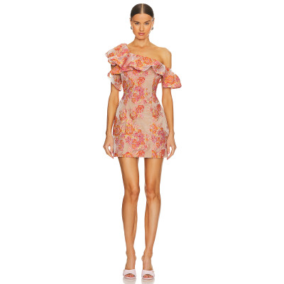 Hot Sale Off the Shoulder Ruffled Neckline Floral Embroidered Lightweight Chiffon Women Dress