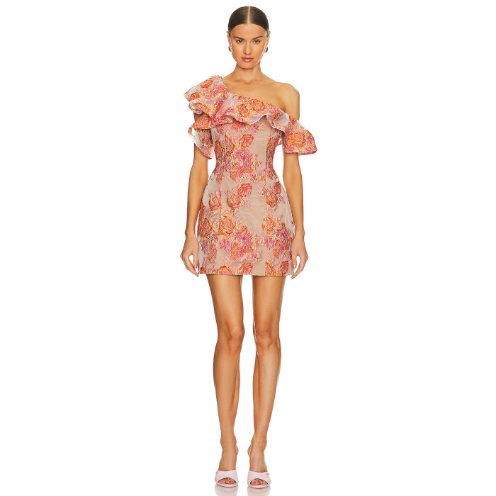 Hot Sale Off the Shoulder Ruffled Neckline Floral Embroidered Lightweight Chiffon Women Dress