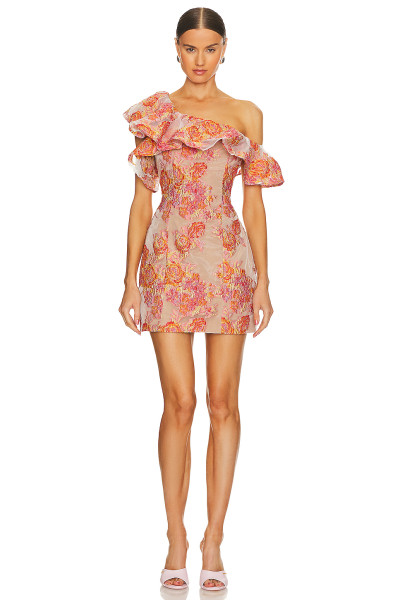 Hot Sale Off the Shoulder Ruffled Neckline Floral Embroidered Lightweight Chiffon Women Dress