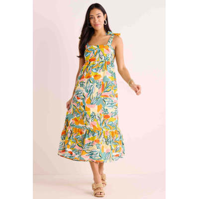 Elegant  Square Neckline Wide Shoulder Straps Ruffle Tight Waist Floral Print Casual Dress
