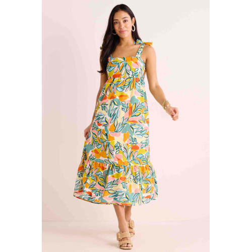 Elegant  Square Neckline Wide Shoulder Straps Ruffle Tight Waist Floral Print Casual Dress