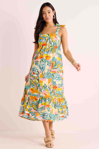 Elegant  Square Neckline Wide Shoulder Straps Ruffle Tight Waist Floral Print Casual Dress
