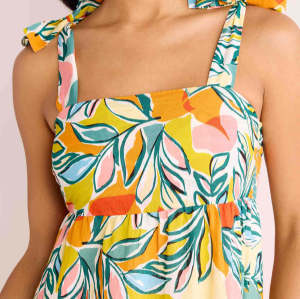 Elegant  Square Neckline Wide Shoulder Straps Ruffle Tight Waist Floral Print Casual Dress