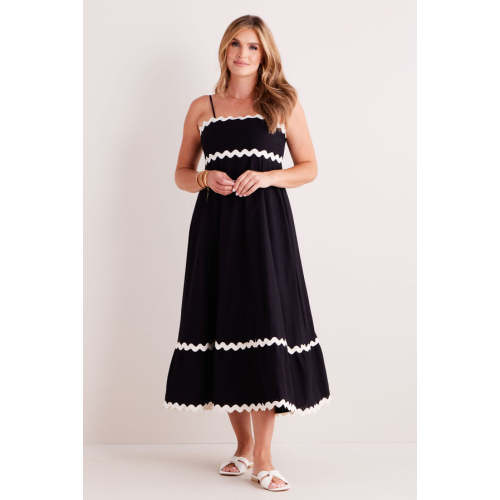 Elegant Camisole Ruffled Tight Waist Black And White Open Back A-Line Silhouette  Dress