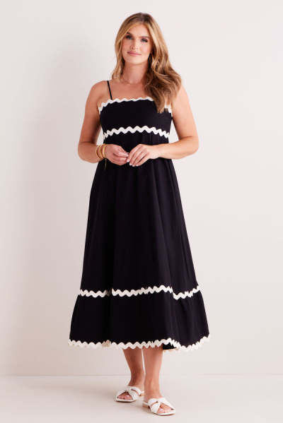 Elegant Camisole Ruffled Tight Waist Black And White Open Back A-Line Silhouette  Dress