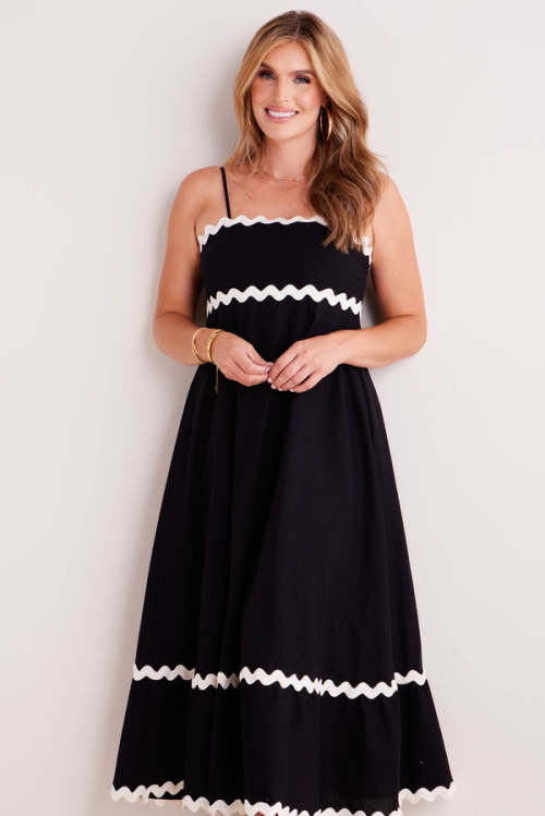 Elegant Camisole Ruffled Tight Waist Black And White Open Back A-Line Silhouette  Dress