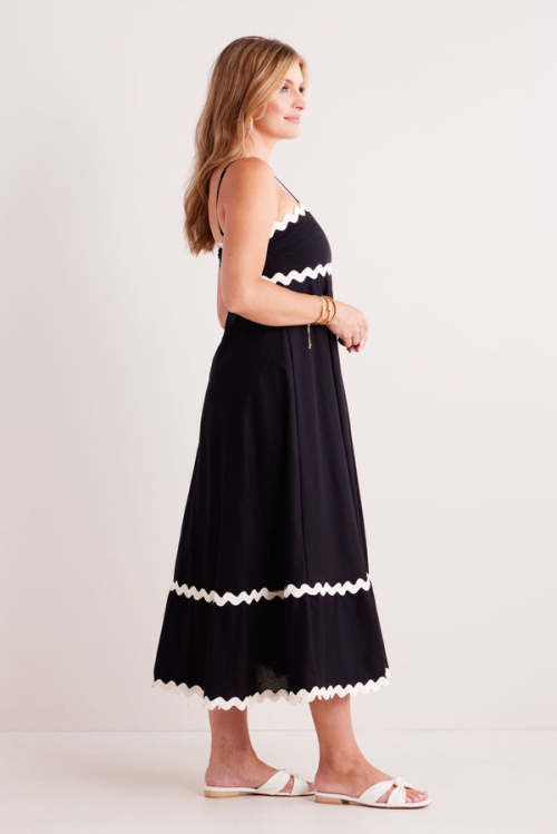 Elegant Camisole Ruffled Tight Waist Black And White Open Back A-Line Silhouette  Dress