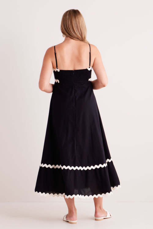 Elegant Camisole Ruffled Tight Waist Black And White Open Back A-Line Silhouette  Dress