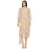 Elegant Floral Chiffon Fabric High Neck Lantern Sleeve Ruffled Asymmetric Long Dress