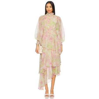 Elegant Floral Chiffon Fabric High Neck Lantern Sleeve Ruffled Asymmetric Long Dress