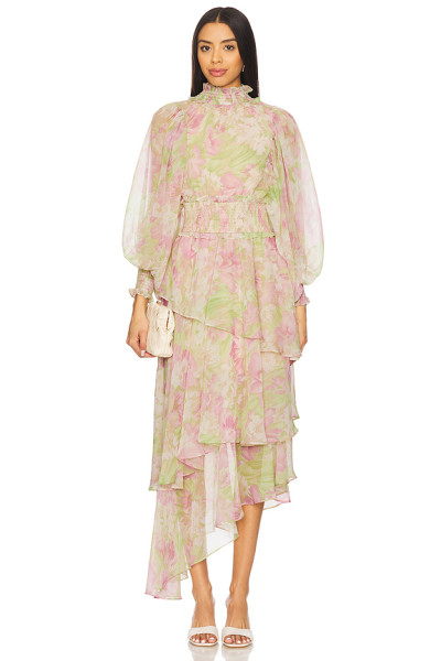 Elegant Floral Chiffon Fabric High Neck Lantern Sleeve Ruffled Asymmetric Long Dress