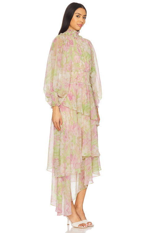 Elegant Floral Chiffon Fabric High Neck Lantern Sleeve Ruffled Asymmetric Long Dress