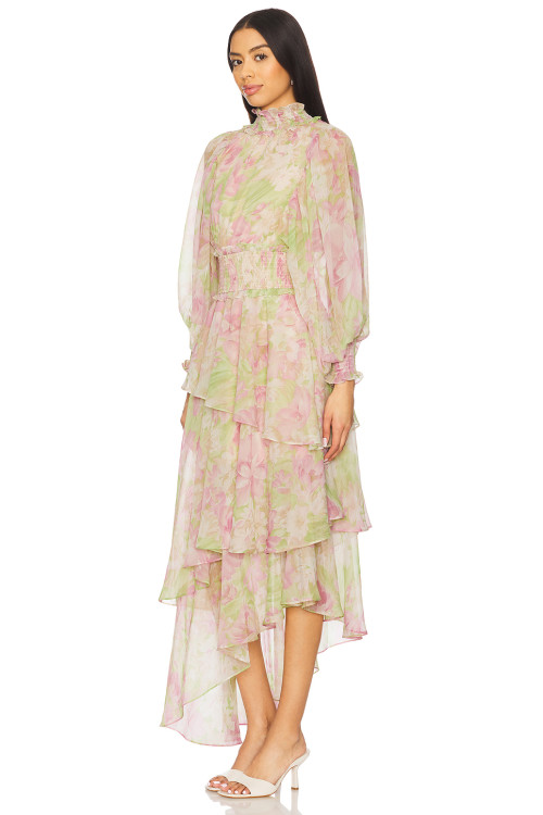 Elegant Floral Chiffon Fabric High Neck Lantern Sleeve Ruffled Asymmetric Long Dress