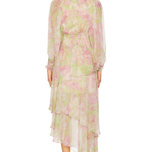 Elegant Floral Chiffon Fabric High Neck Lantern Sleeve Ruffled Asymmetric Long Dress