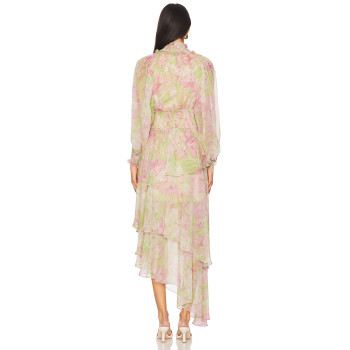 Elegant Floral Chiffon Fabric High Neck Lantern Sleeve Ruffled Asymmetric Long Dress