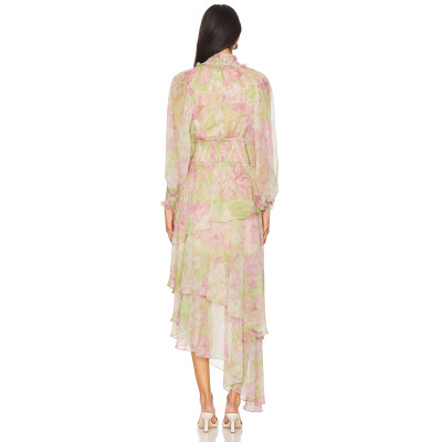 Elegant Floral Chiffon Fabric High Neck Lantern Sleeve Ruffled Asymmetric Long Dress