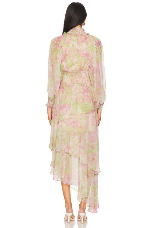 Elegant Floral Chiffon Fabric High Neck Lantern Sleeve Ruffled Asymmetric Long Dress