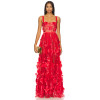 Red Floral Embroidery Beads Transparent Tulle Adjustable Satin Straps Ladies' Long Dress
