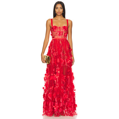 Red Floral Embroidery Beads Transparent Tulle Adjustable Satin Straps Ladies' Long Dress