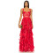 Red Floral Embroidery Beads Transparent Tulle Adjustable Satin Straps Ladies' Long Dress