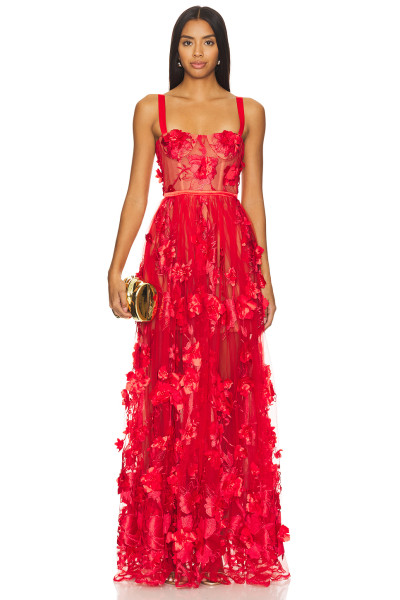 Red Floral Embroidery Beads Transparent Tulle Adjustable Satin Straps Ladies' Long Dress