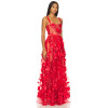 Red Floral Embroidery Beads Transparent Tulle Adjustable Satin Straps Ladies' Long Dress