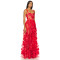 Red Floral Embroidery Beads Transparent Tulle Adjustable Satin Straps Ladies' Long Dress
