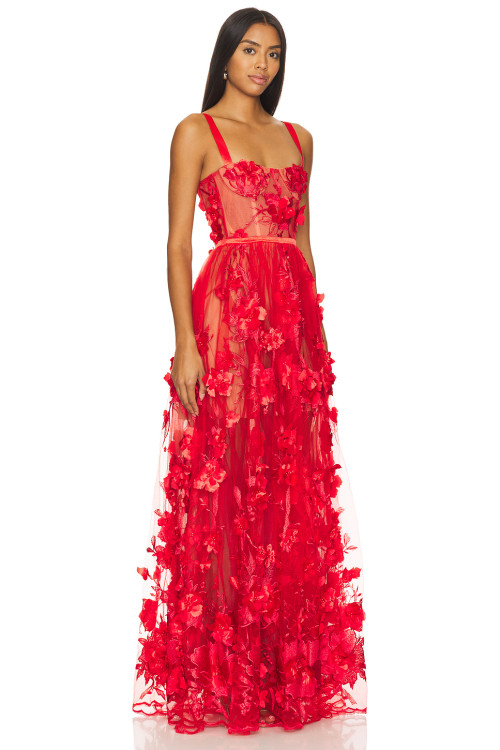Red Floral Embroidery Beads Transparent Tulle Adjustable Satin Straps Ladies' Long Dress