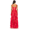 Red Floral Embroidery Beads Transparent Tulle Adjustable Satin Straps Ladies' Long Dress