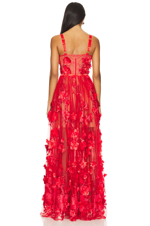 Red Floral Embroidery Beads Transparent Tulle Adjustable Satin Straps Ladies' Long Dress