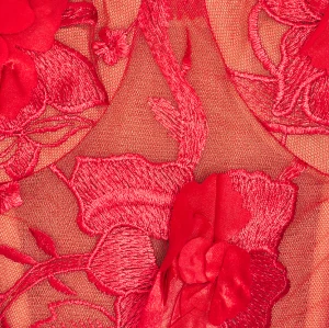 Red Floral Embroidery Beads Transparent Tulle Adjustable Satin Straps Ladies' Long Dress
