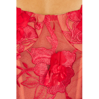 Red Floral Embroidery Beads Transparent Tulle Adjustable Satin Straps Ladies' Long Dress