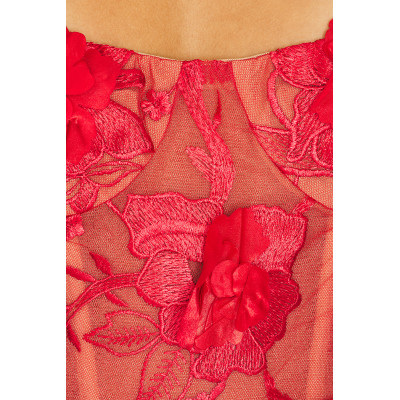 Red Floral Embroidery Beads Transparent Tulle Adjustable Satin Straps Ladies' Long Dress