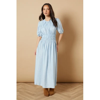 Women's Fashion Round Neckline Short Puff Shoulder Ruffle Tight Waist Casual Dress