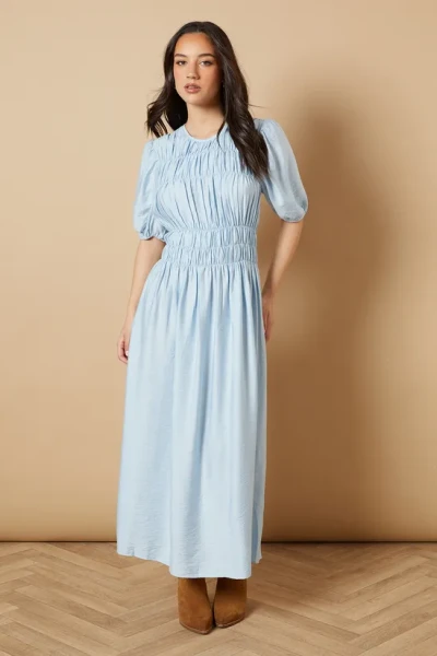 Women's Fashion Round Neckline Short Puff Shoulder Ruffle Tight Waist Casual Dress