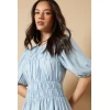 Women's Fashion Round Neckline Short Puff Shoulder Ruffle Tight Waist Casual Dress