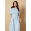 Women's Fashion Round Neckline Short Puff Shoulder Ruffle Tight Waist Casual Dress