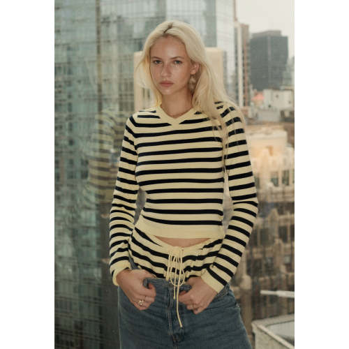 Customized New Classic Chic Casual Striped Slight V neck Soft Stretchy Woman's Blouse
