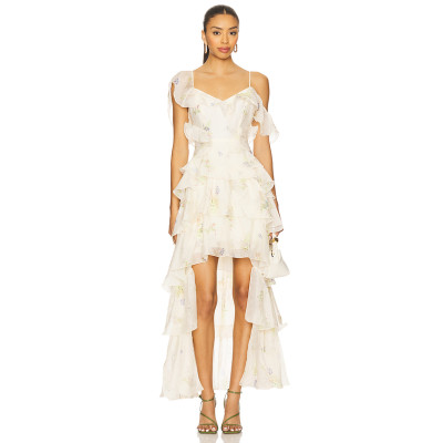 Romantic Floral Print Asymmetrical Off the Shoulder Tiered Design Camisole Dress