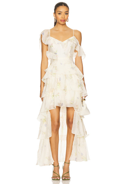 Romantic Floral Print Asymmetrical Off the Shoulder Tiered Design Camisole Dress