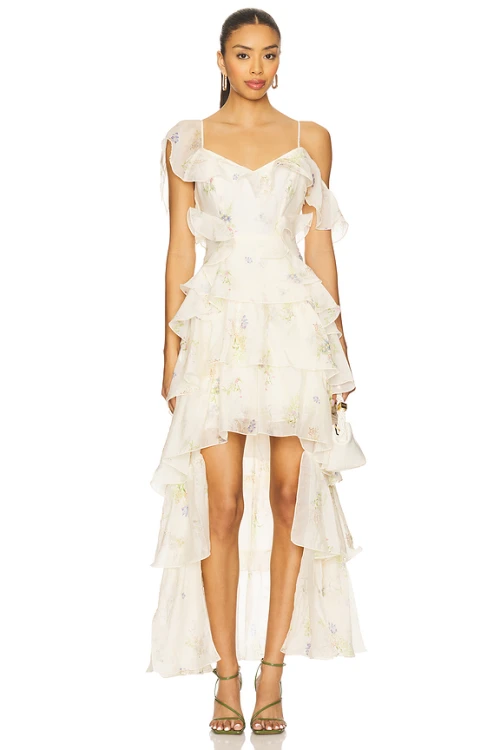 Romantic Floral Print Asymmetrical hem Off Shoulder Tiered Design Camisole Dress