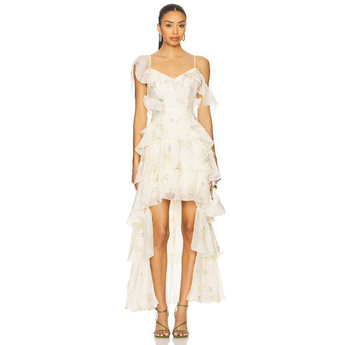 Romantic Floral Print Asymmetrical Off the Shoulder Tiered Design Camisole Dress