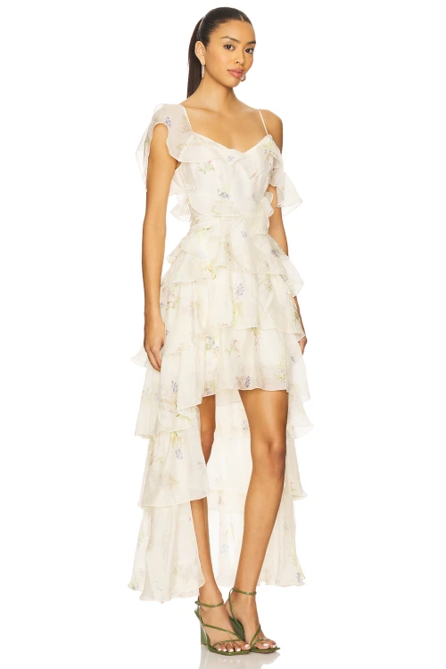 Romantic Floral Print Asymmetrical hem Off Shoulder Tiered Design Camisole Dress