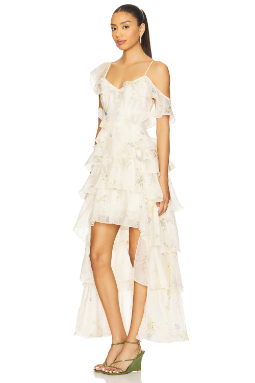 Romantic Floral Print Asymmetrical hem Off Shoulder Tiered Design Camisole Dress