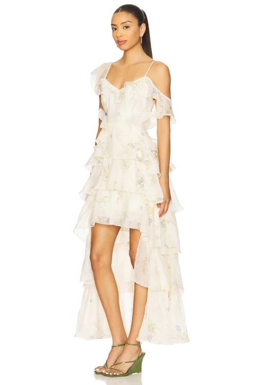 Romantic Floral Print Asymmetrical hem Off Shoulder Tiered Design Camisole Dress
