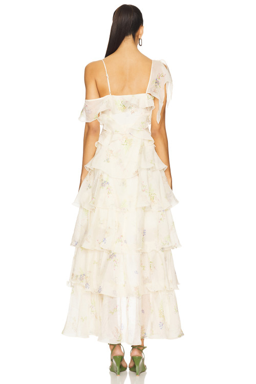 Romantic Floral Print Asymmetrical hem Off Shoulder Tiered Design Camisole Dress