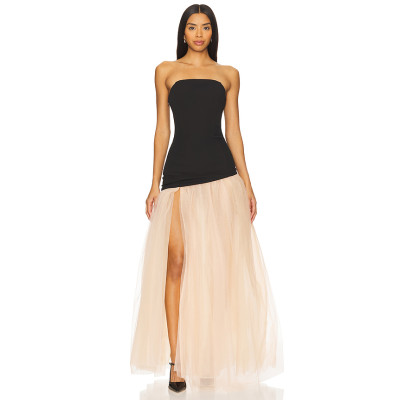 2025 Fashionable Elegant Sexy Strapless Backless Black Top Beige High Slit Tulle Long Dress