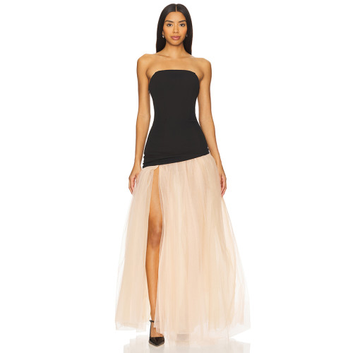 2025 Fashionable Elegant Sexy Strapless Backless Black Top Beige High Slit Tulle Long Dress