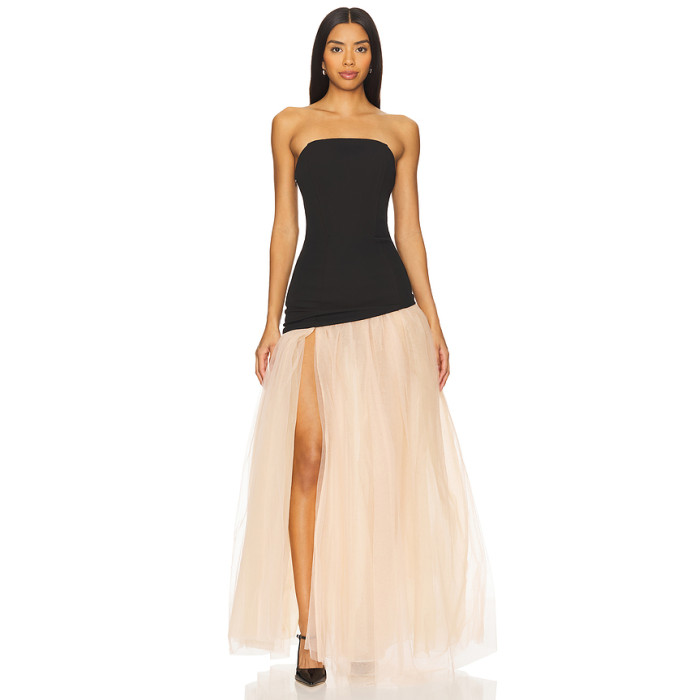 2025 Fashionable Elegant Sexy Strapless Backless Black Top Beige High Slit Tulle Long Dress